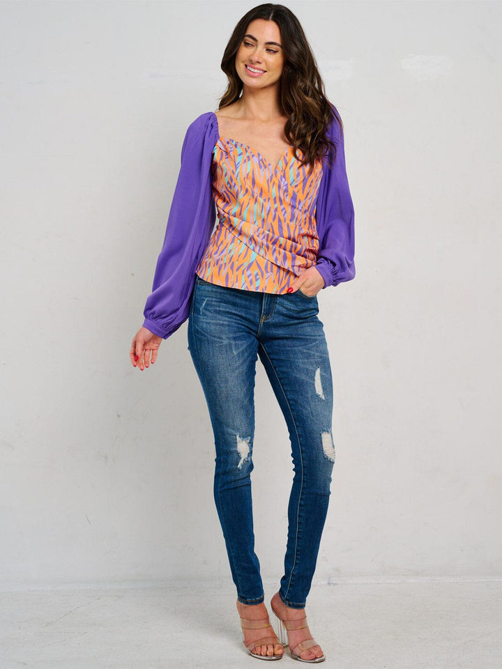 WOMEN'S LONG SLEEVE SURPLICE MULTI PRINT BLOUSE