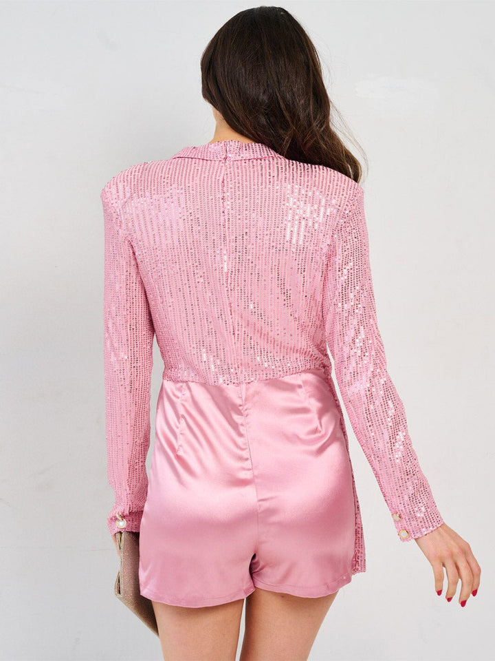 WOMEN'S LONG SLEEVE SURPLICE SEQUINS CONTRAST ROMPER