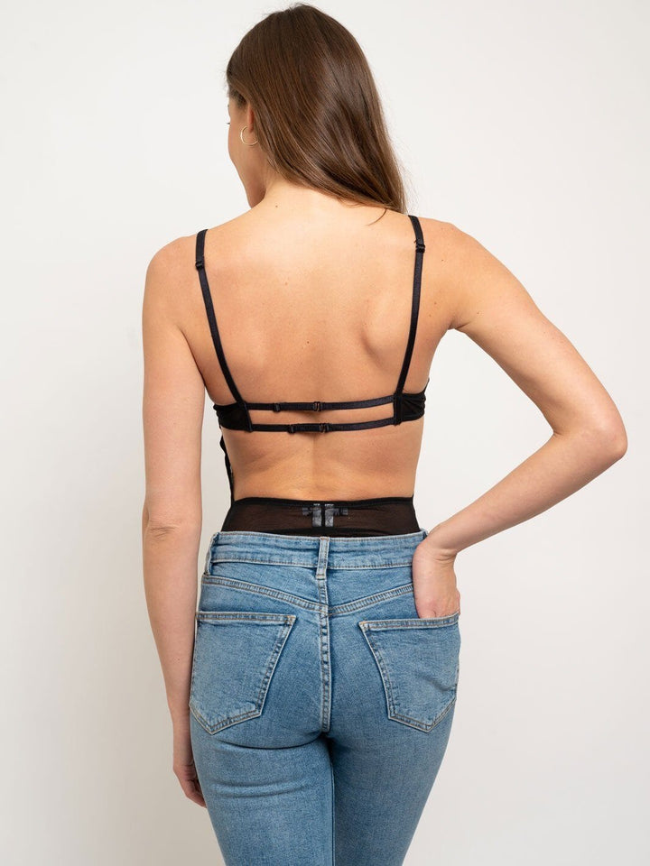 WOMEN'S SLEEVELESS V-NECK OPEN BACK MESH LACE BODYSUIT