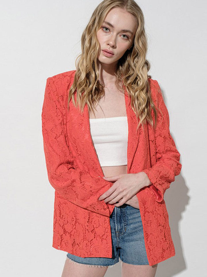 WOMEN'S LONG SLEEVE BUTTON CLOSURE POCKETS ALL OVER LACE BLAZER