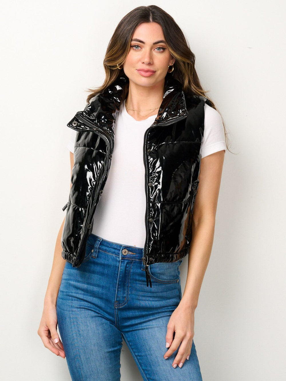 WOMEN'S SLEEVELESS BUTTON UP PU PLEATHER VEST