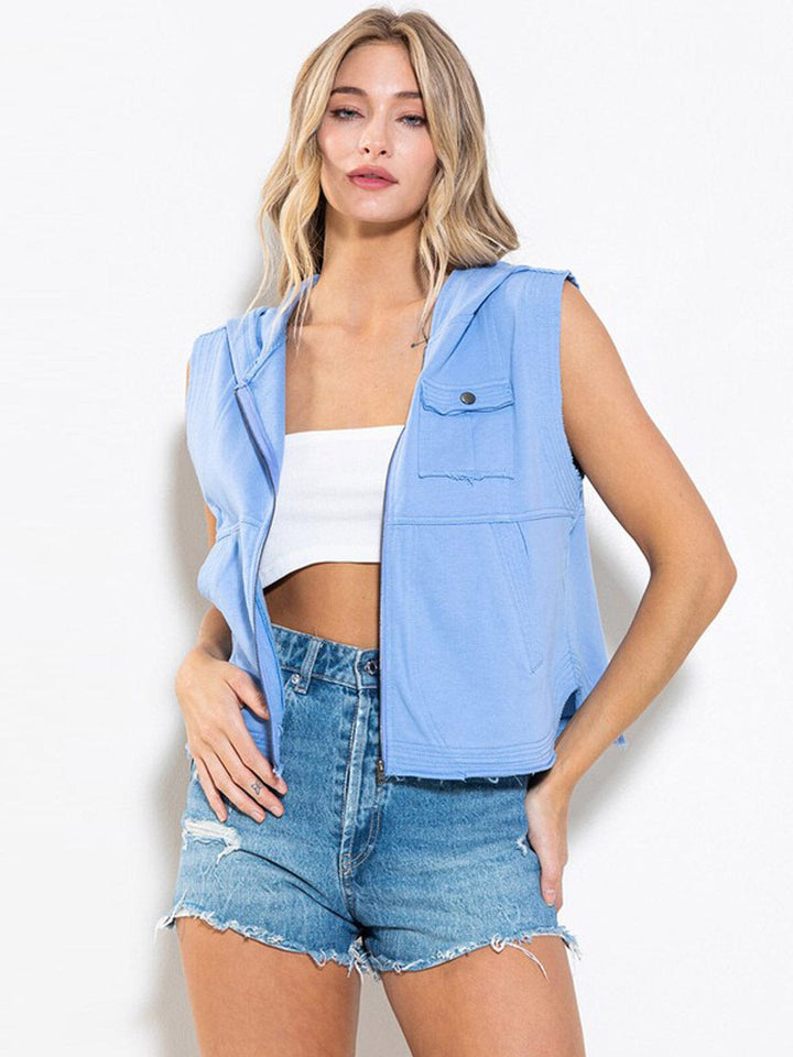 WOMEN'S SLEEVELESS ZIP UP FRONT POCKETS HOODED VEST
