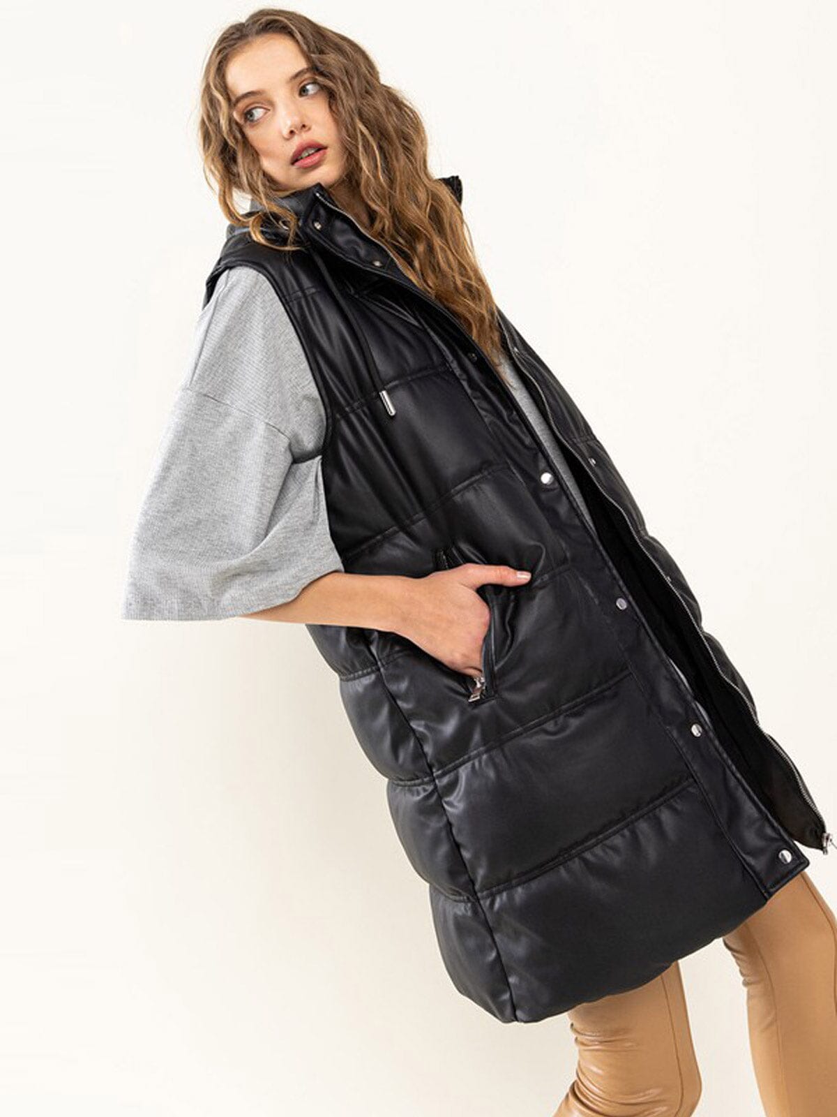 WOMEN'S SLEEVELESS BUTTON UP FRONT POCKETS HOODED PU PLEATHER PUFFER LONG VEST