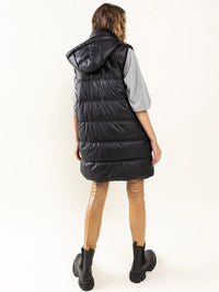 WOMEN'S SLEEVELESS BUTTON UP FRONT POCKETS HOODED PU PLEATHER PUFFER LONG VEST