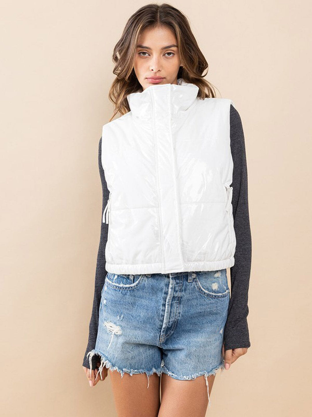 WOMEN'S SLEEVELESS BUTTON UP PU PLEATHER VEST