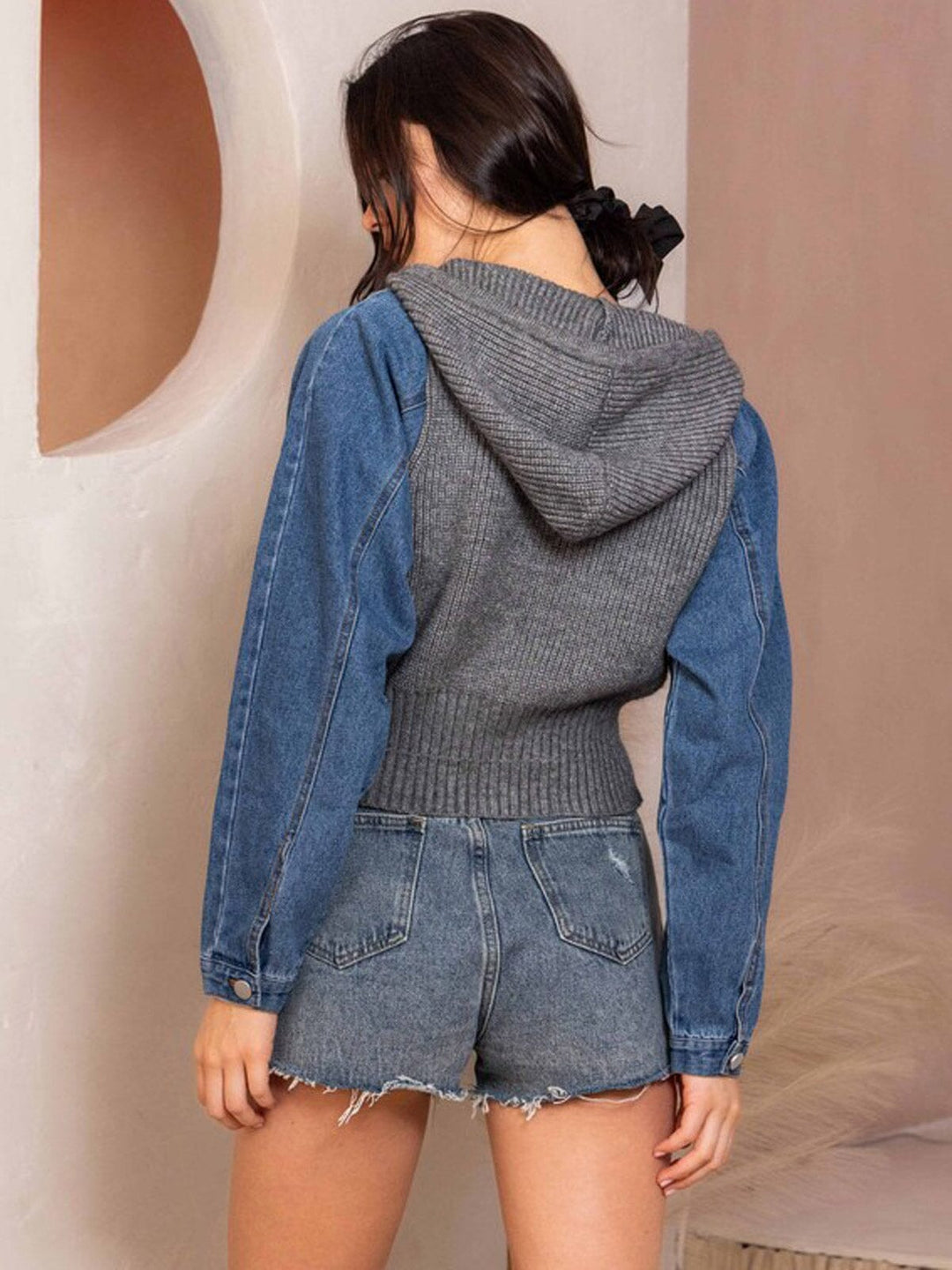 WOMEN'S LONG SLEEVE ZIP UP HOODED DENIM CONTRAST JACKET
