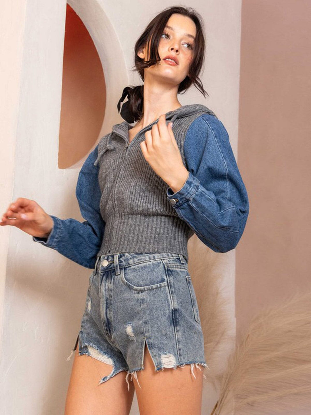 WOMEN'S LONG SLEEVE ZIP UP HOODED DENIM CONTRAST JACKET