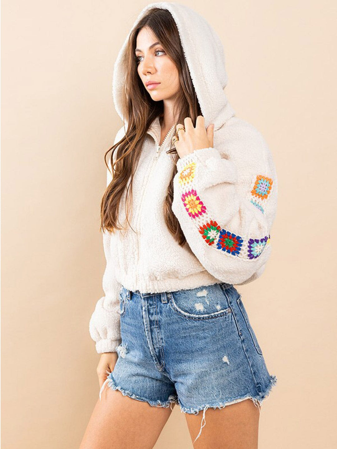 WOMEN'S LONG SLEEVE ZIP UP DETAILED HOODED SHERPA JACKET