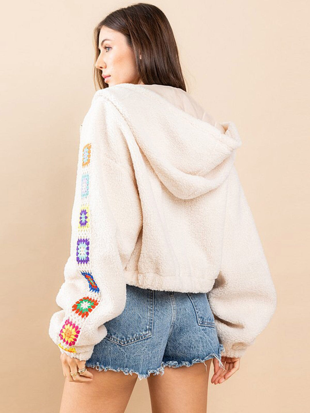 WOMEN'S LONG SLEEVE ZIP UP DETAILED HOODED SHERPA JACKET