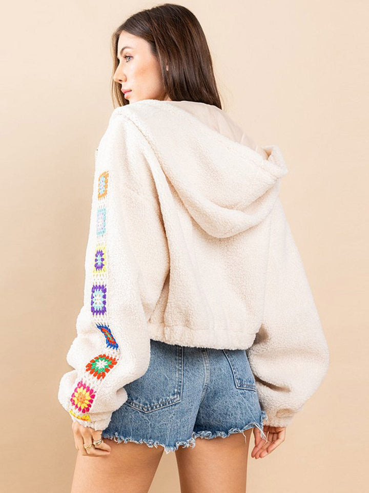 WOMEN'S LONG SLEEVE ZIP UP DETAILED HOODED SHERPA JACKET