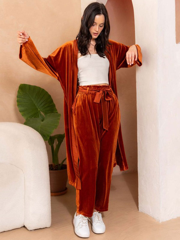 WOMEN'S LONG SLEEVE OPEN FRONT POCKETS SELF TIE VELVET CARDIGAN