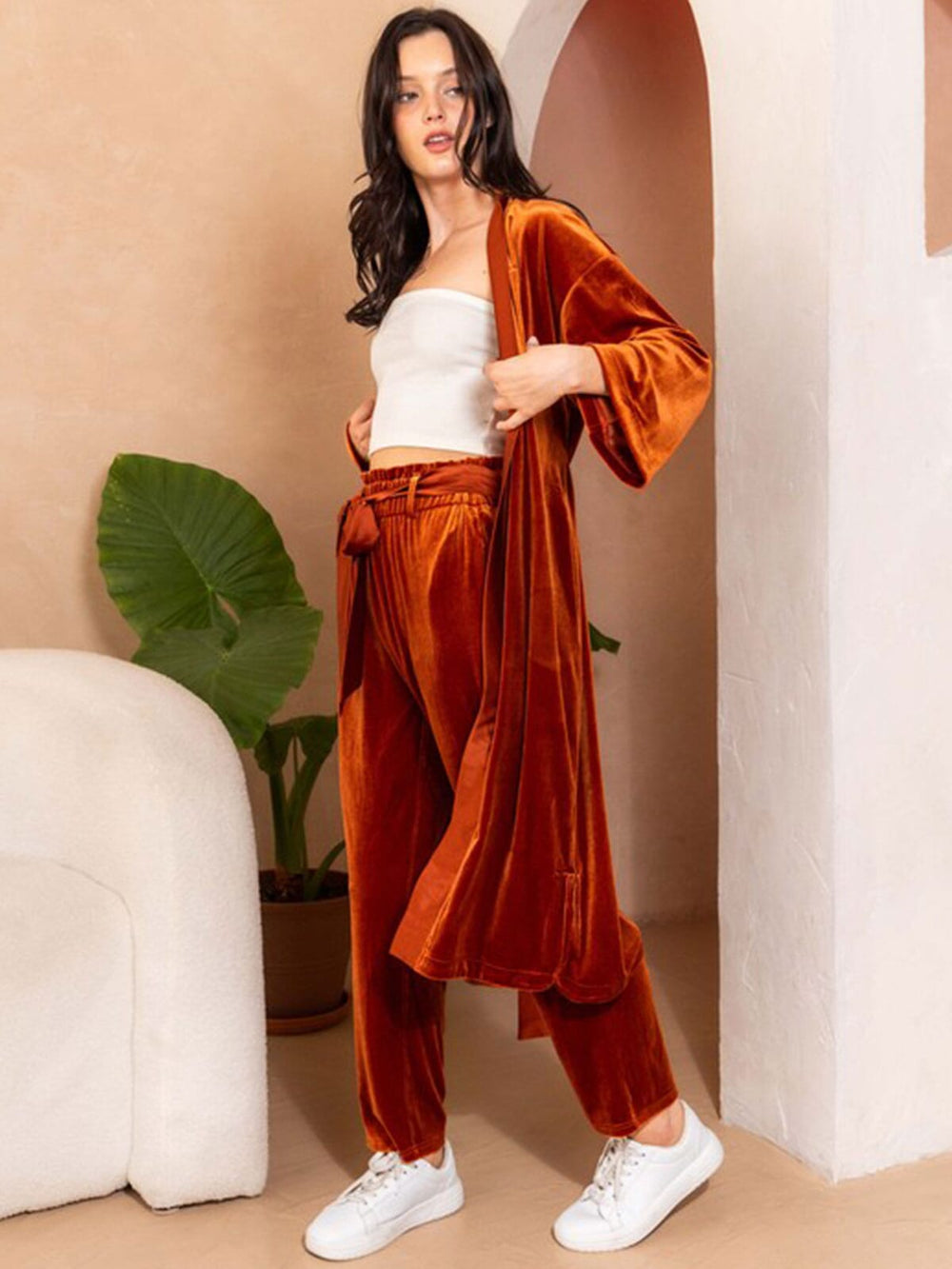 WOMEN'S LONG SLEEVE OPEN FRONT POCKETS SELF TIE VELVET CARDIGAN