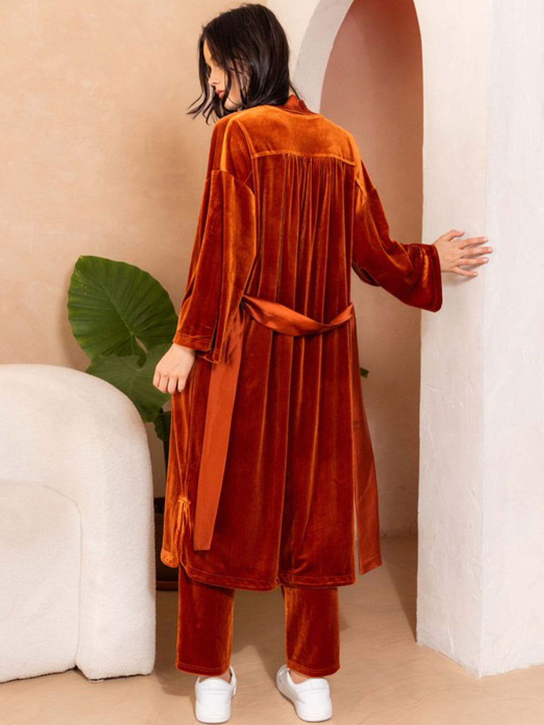 WOMEN'S LONG SLEEVE OPEN FRONT POCKETS SELF TIE VELVET CARDIGAN