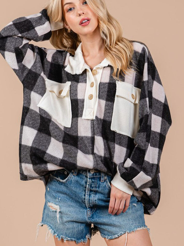 WOMEN'S LONG SLEEVE BUTTON UP OVERSIZED COLORBLOCK PLAID TOP