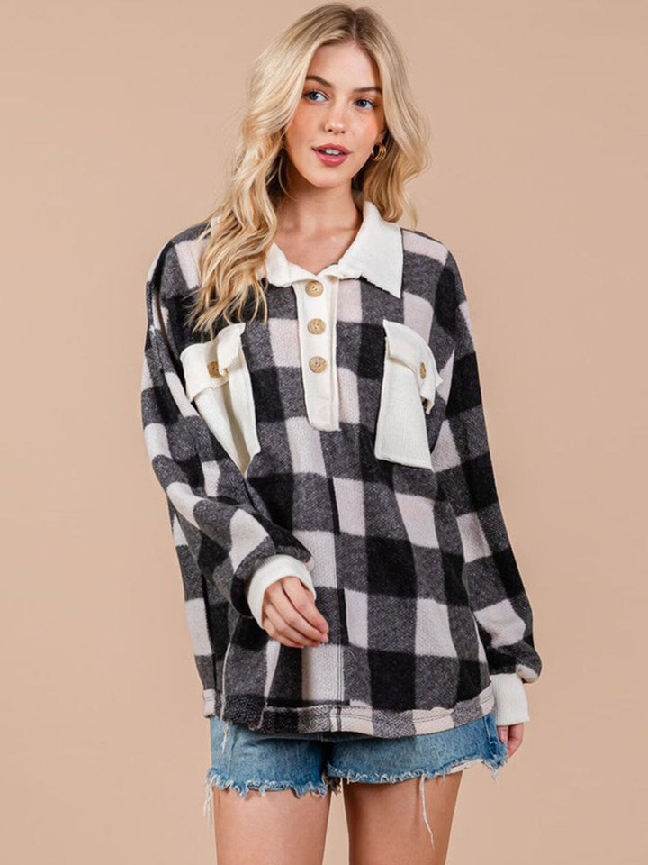 WOMEN'S LONG SLEEVE BUTTON UP OVERSIZED COLORBLOCK PLAID TOP