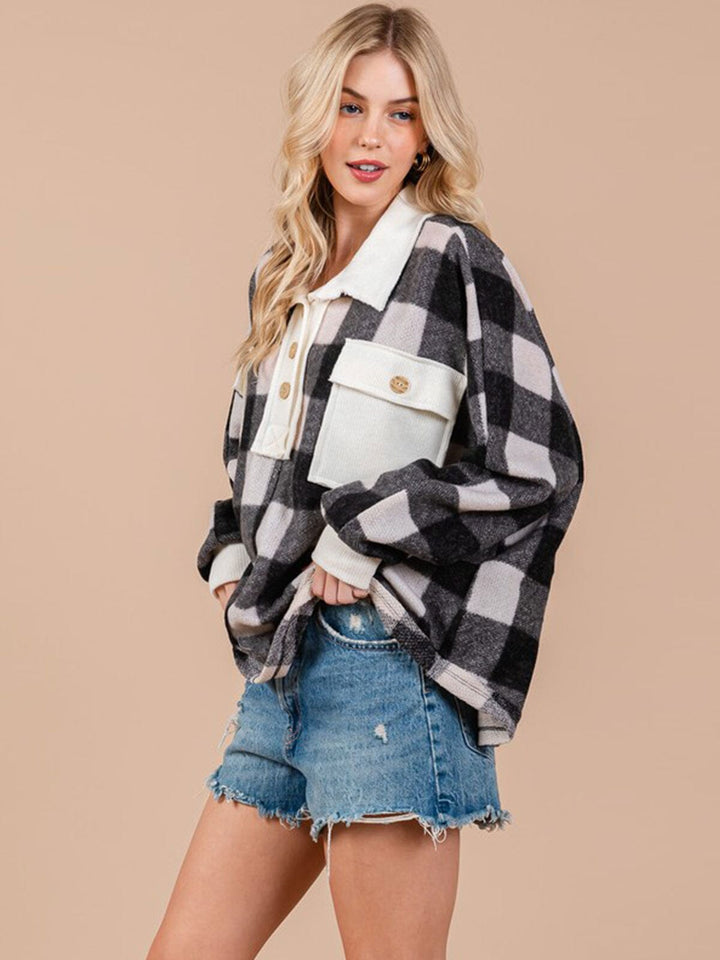 WOMEN'S LONG SLEEVE BUTTON UP OVERSIZED COLORBLOCK PLAID TOP