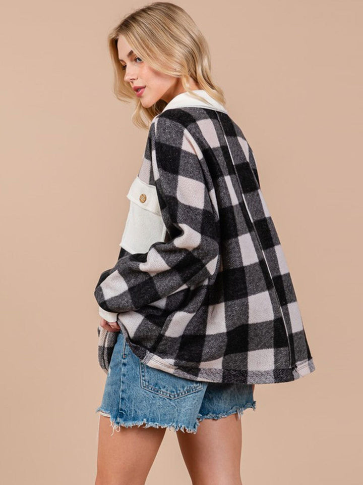 WOMEN'S LONG SLEEVE BUTTON UP OVERSIZED COLORBLOCK PLAID TOP