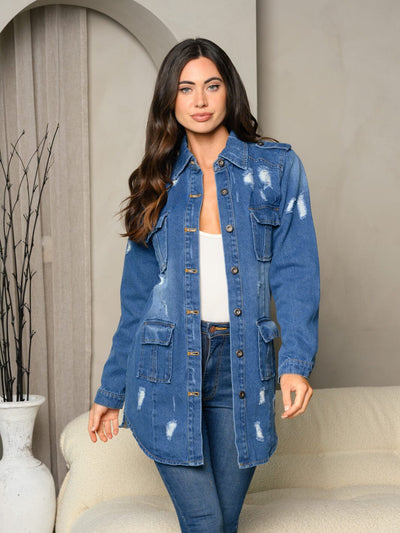 WOMEN'S LONG SLEEVE DENIM BUTTON UP DISTRESS FRONT POCKET JACKET