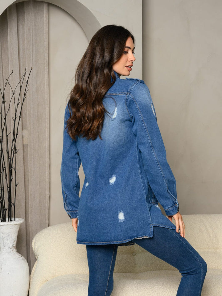 WOMEN'S LONG SLEEVE DENIM BUTTON UP DISTRESS FRONT POCKET JACKET