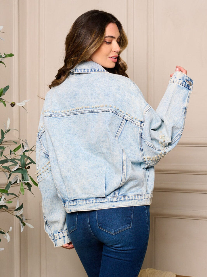 WOMEN'S LONG SLEEVE POCKETS BUTTON CLOSURE PEARL DENIM JACKET