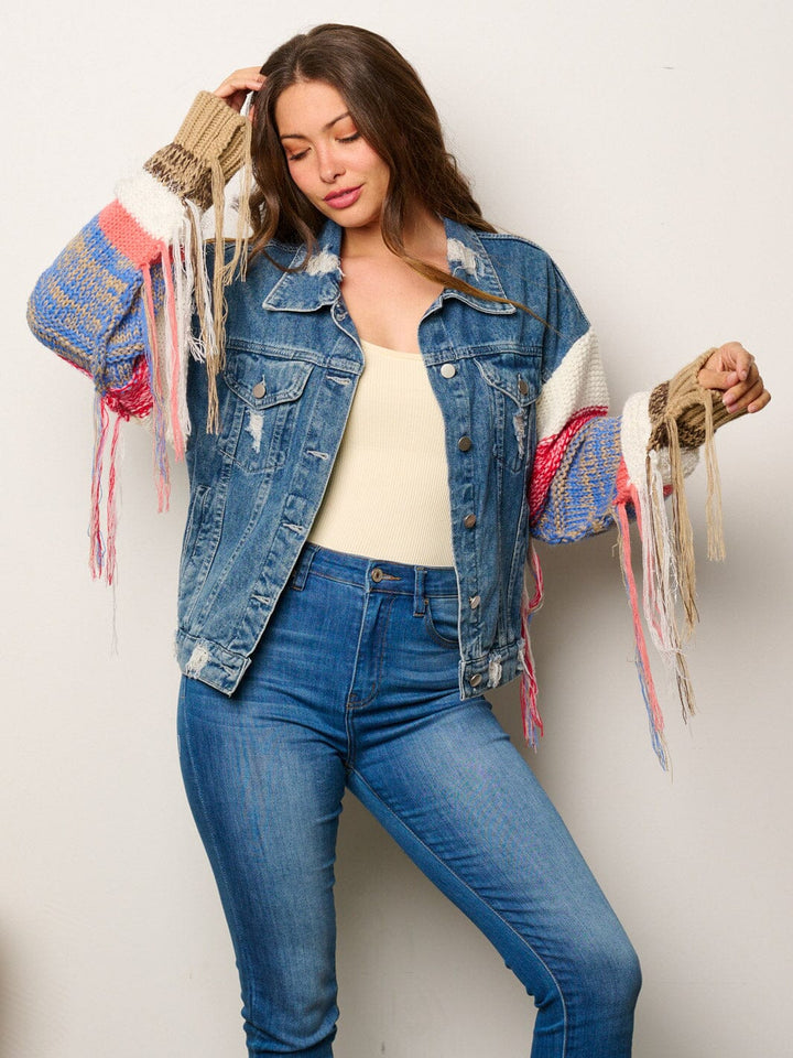 WOMEN'S LONG MULTI SLEEVES BUTTON CLOSURE CONTRAST DENIM JACKET