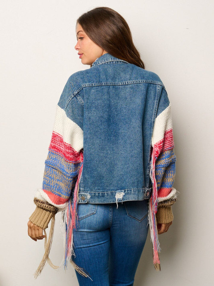WOMEN'S LONG MULTI SLEEVES BUTTON CLOSURE CONTRAST DENIM JACKET