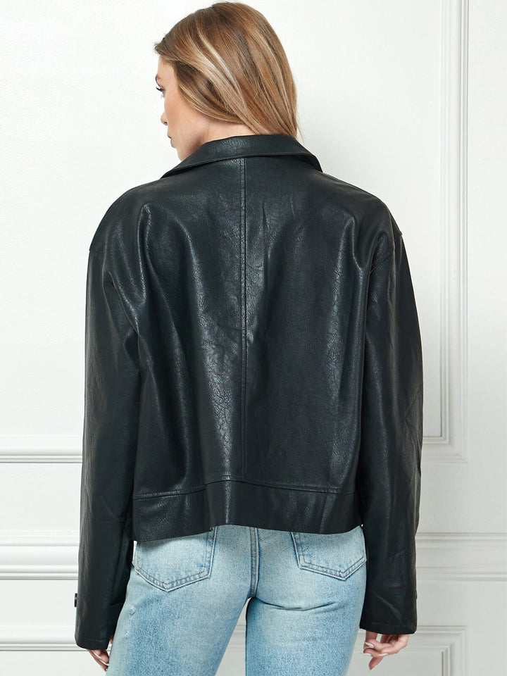 WOMEN'S LONG SLEEVE BUTTON CLOSURE PU PLEATHER JACKET