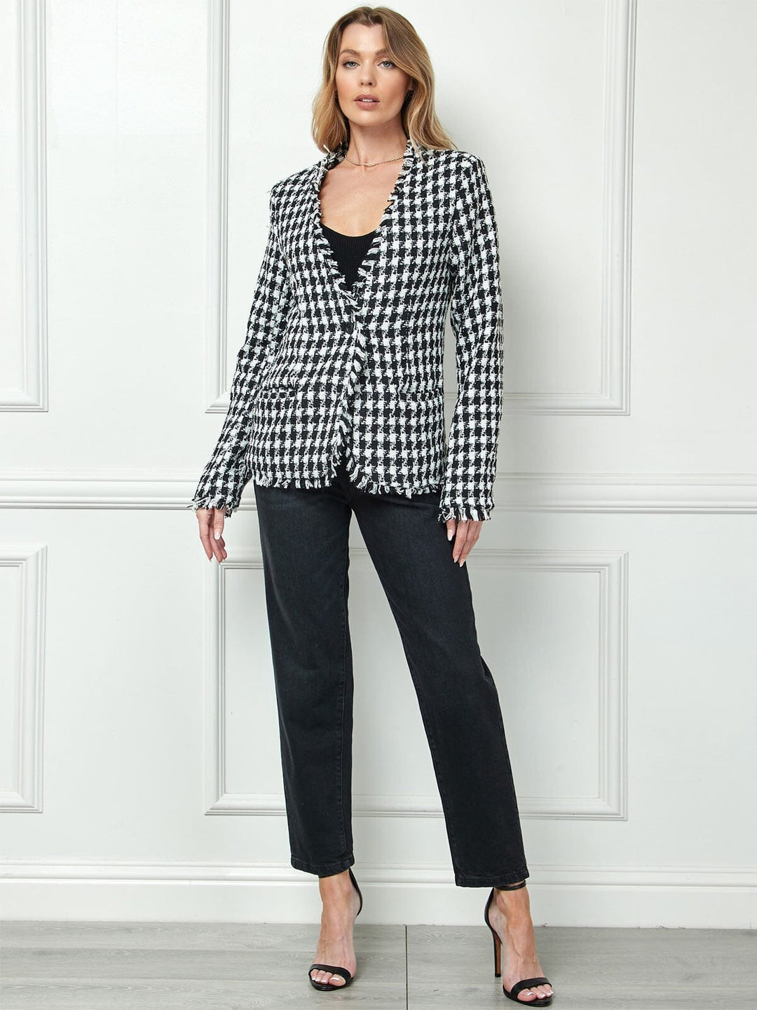 WOMEN'S LONG SLEEVE BUTTON CLOSURE POCKETS PLAID BLAZER
