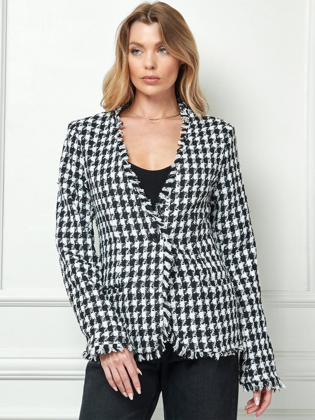 WOMEN'S LONG SLEEVE BUTTON CLOSURE POCKETS PLAID BLAZER