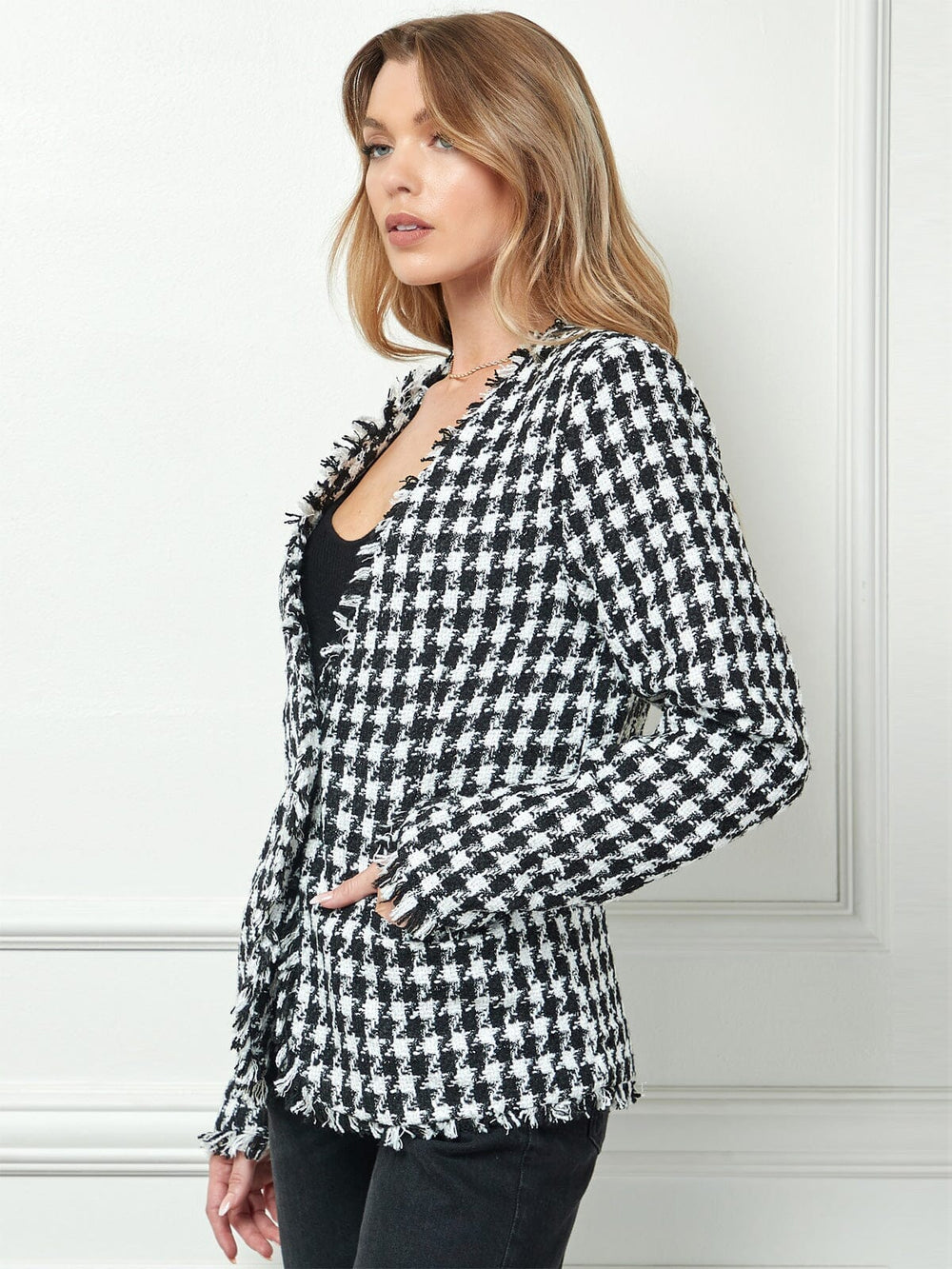 WOMEN'S LONG SLEEVE BUTTON CLOSURE POCKETS PLAID BLAZER