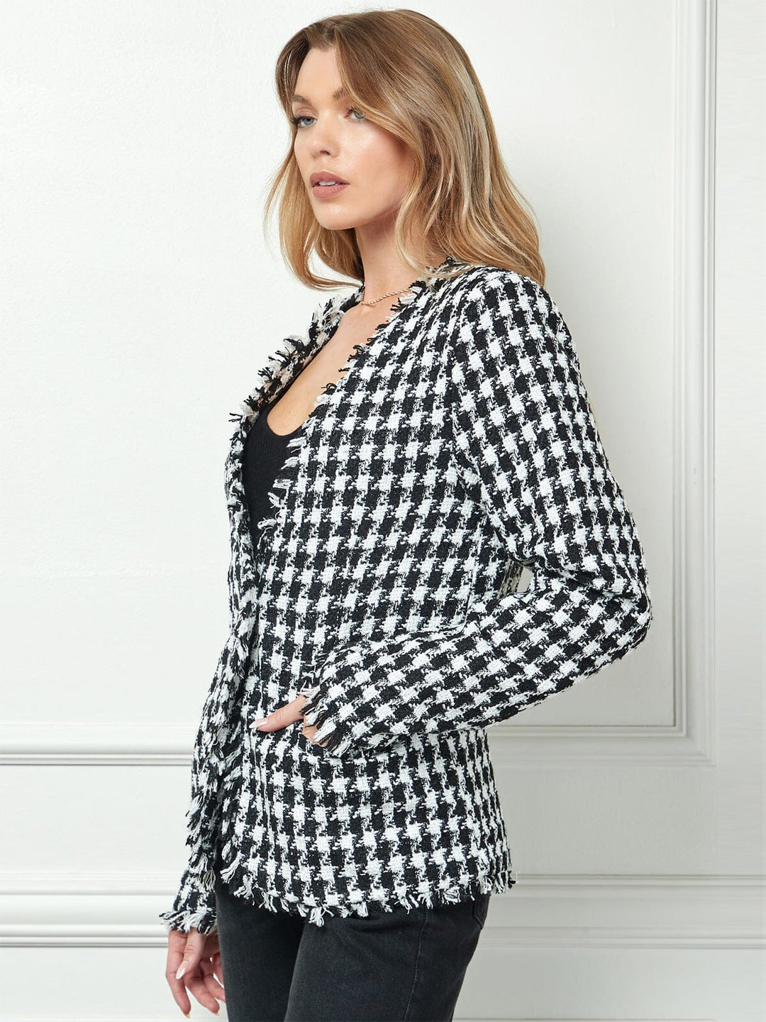 WOMEN'S LONG SLEEVE BUTTON CLOSURE POCKETS PLAID BLAZER