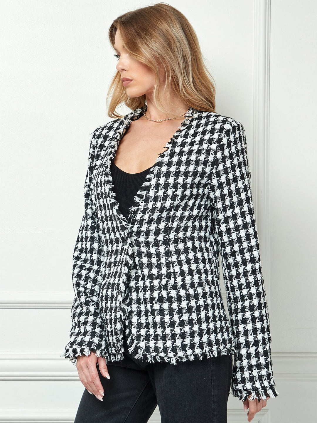 WOMEN'S LONG SLEEVE BUTTON CLOSURE POCKETS PLAID BLAZER