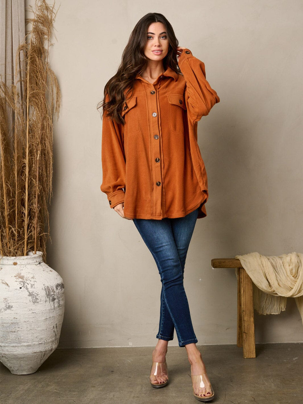 WOMEN'S LONG SLEEVE BUTTON UP OVERSIZED TOP