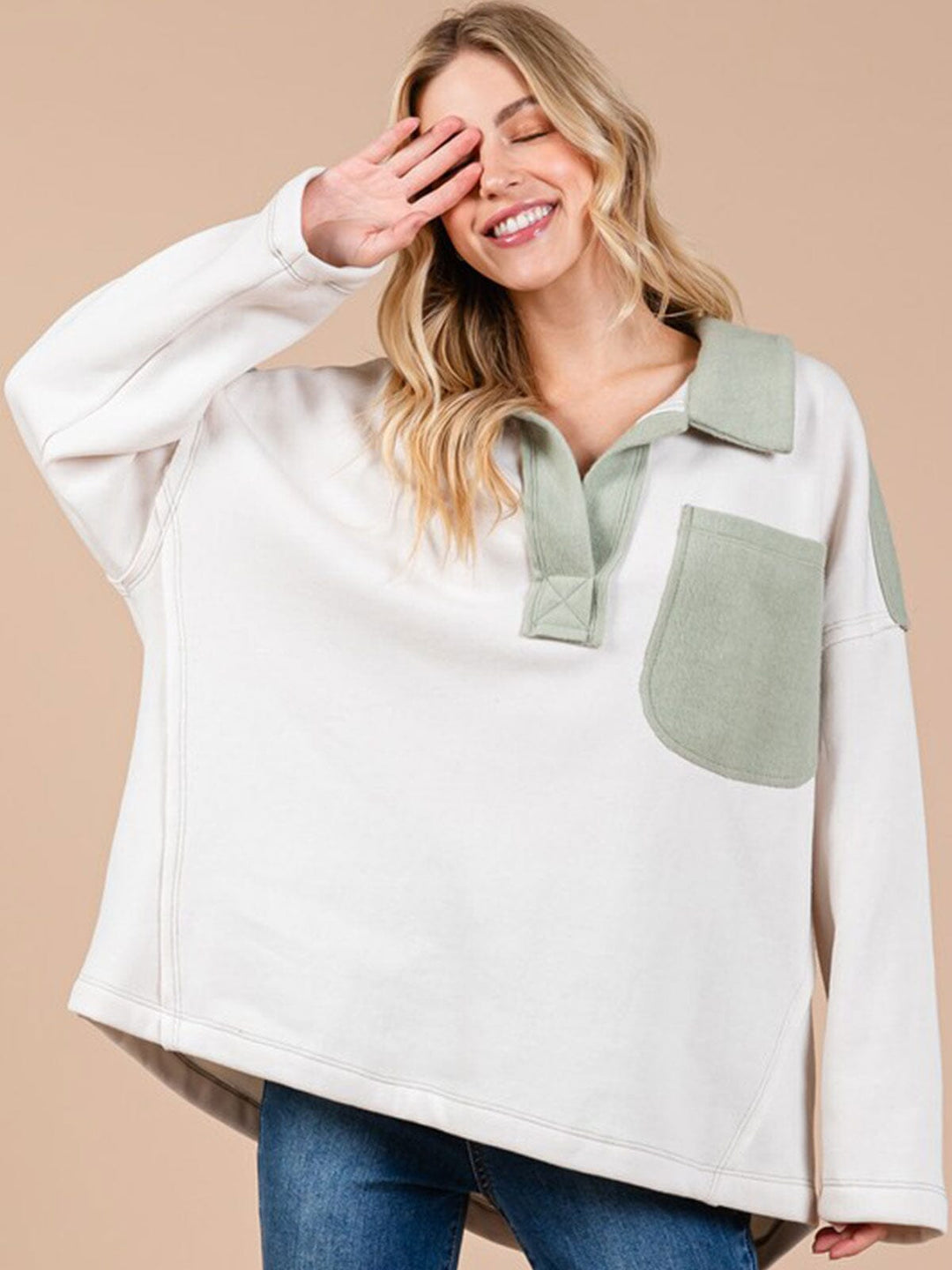 WOMEN'S LONG SLEEVE V-NECK FRONT POCKET COLORBLOCK PULLOVER SWEATER