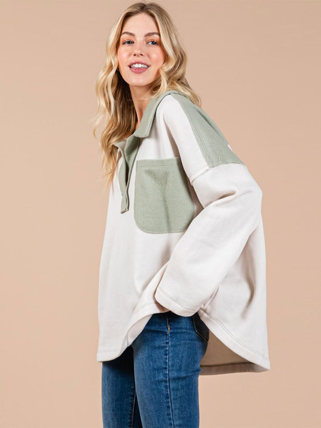 WOMEN'S LONG SLEEVE V-NECK FRONT POCKET COLORBLOCK PULLOVER SWEATER