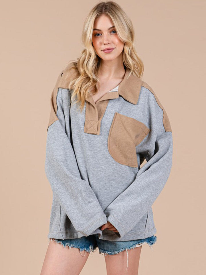 WOMEN'S LONG SLEEVE V-NECK FRONT POCKET COLORBLOCK PULLOVER SWEATER