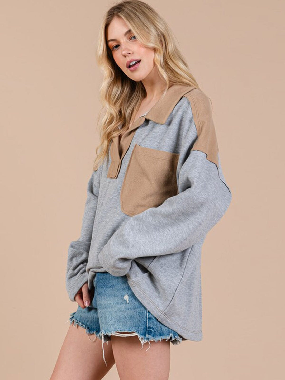 WOMEN'S LONG SLEEVE V-NECK FRONT POCKET COLORBLOCK PULLOVER SWEATER