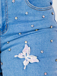 WOMEN'S BUTTON CLOSURE POCKETS BUTTERFLY STRETCH DENIM SKINNY JEANS