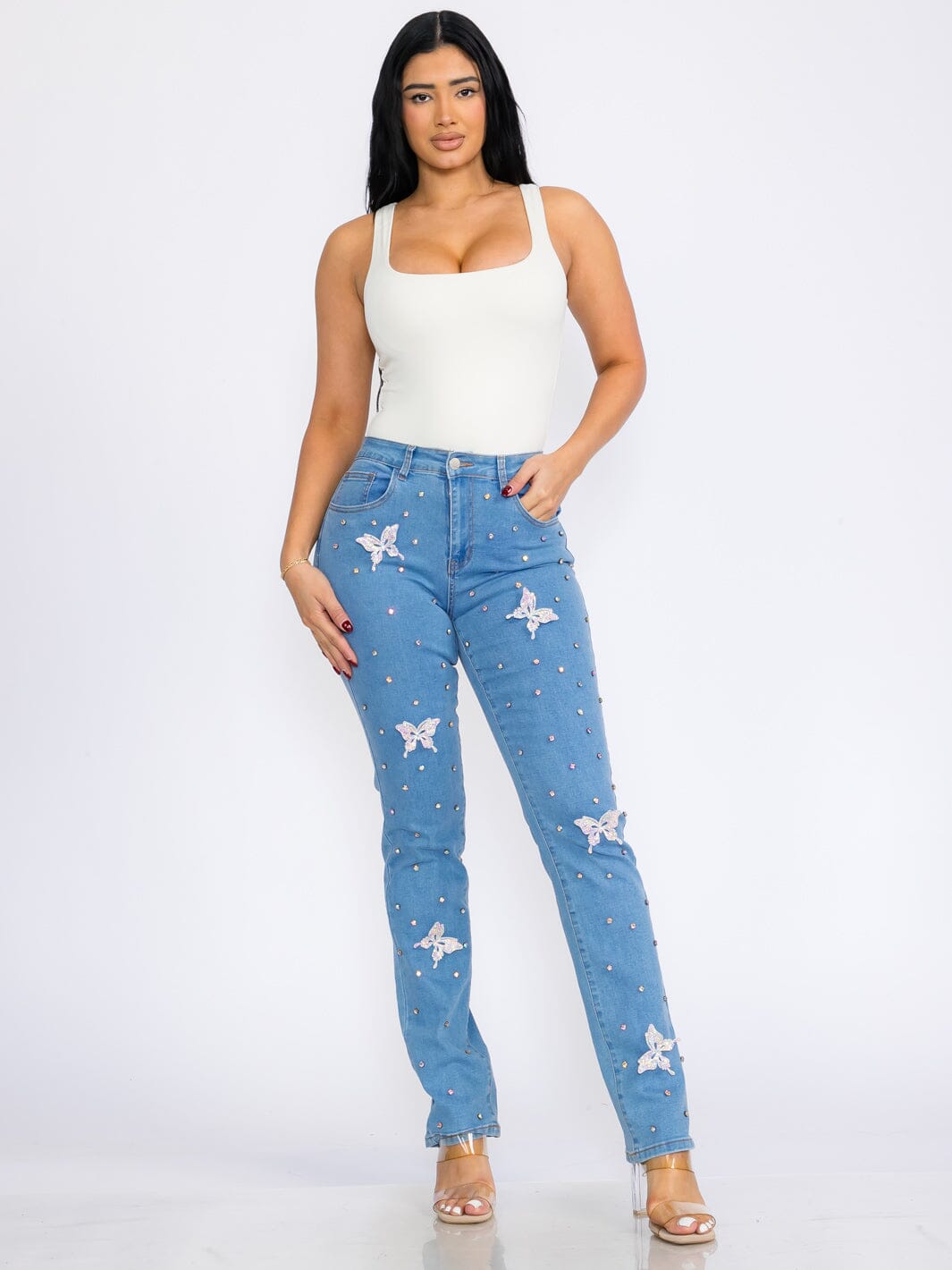 WOMEN'S BUTTON CLOSURE POCKETS BUTTERFLY STRETCH DENIM SKINNY JEANS
