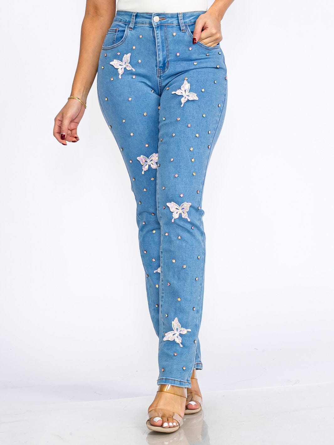 WOMEN'S BUTTON CLOSURE POCKETS BUTTERFLY STRETCH DENIM SKINNY JEANS
