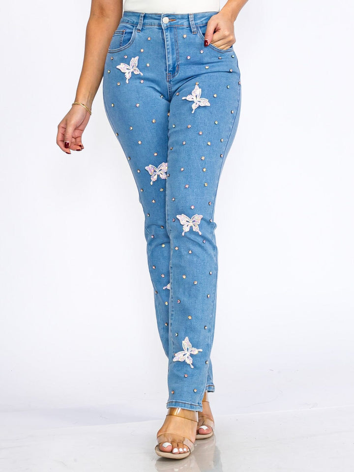 WOMEN'S BUTTON CLOSURE POCKETS BUTTERFLY STRETCH DENIM SKINNY JEANS