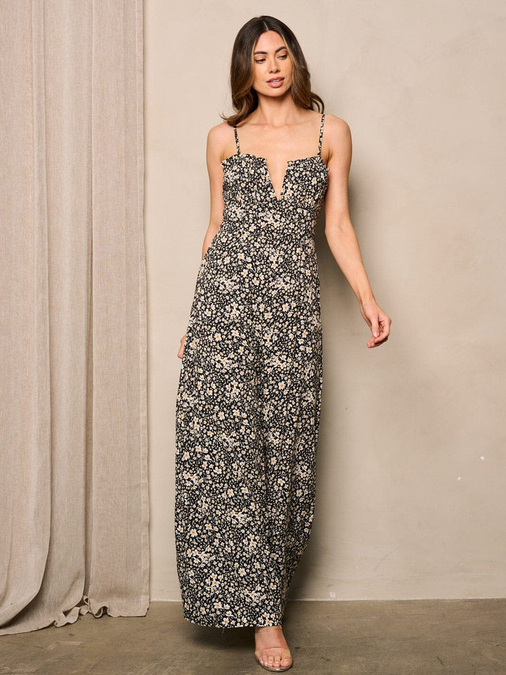 WOMEN'S SLEEVELESS SMOCK V-NECK FLORAL WIDE LEG JUMPSUIT