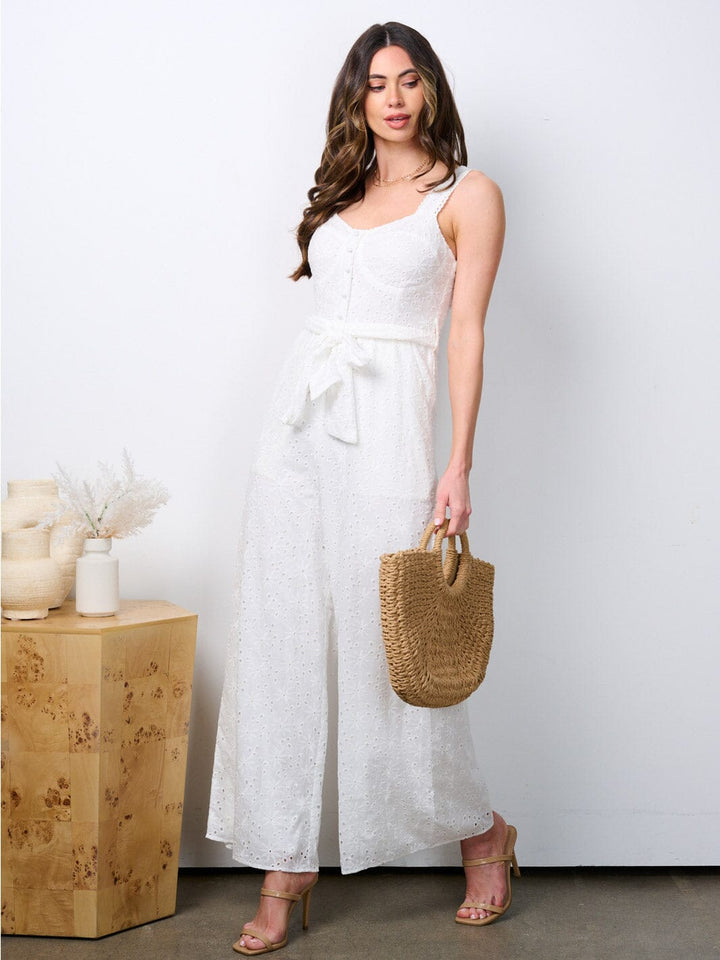 WOMEN'S SLEEVELESS V-NECK POCKETS EYELET DETAILED WIDE LEG JUMPSUIT