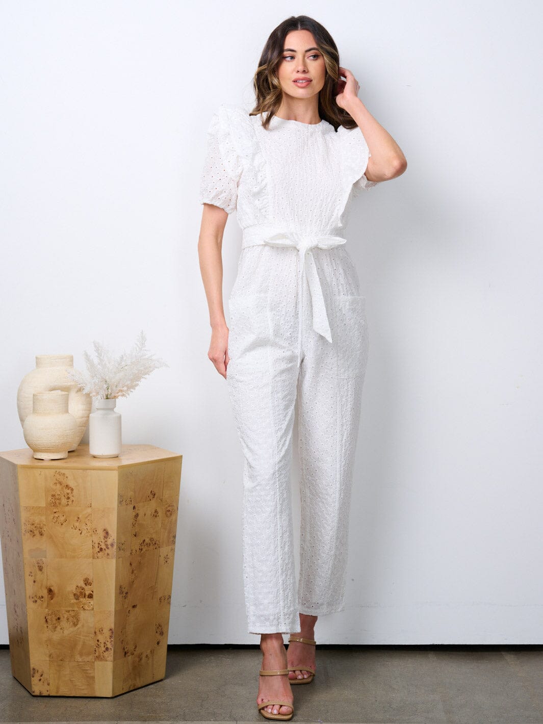 WOMEN'S SHORT PUFF SLEEVE POCKETS EYELET DETAILED WIDE LEG JUMPSUIT