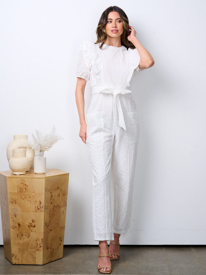 WOMEN'S SHORT PUFF SLEEVE POCKETS EYELET DETAILED WIDE LEG JUMPSUIT