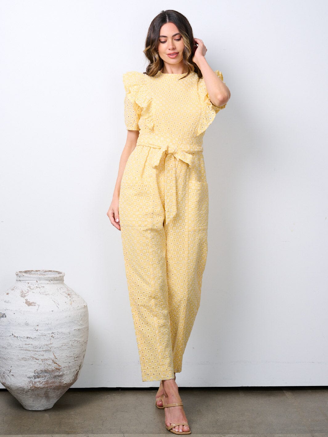 WOMEN'S SHORT PUFF SLEEVE POCKETS EYELET DETAILED WIDE LEG JUMPSUIT