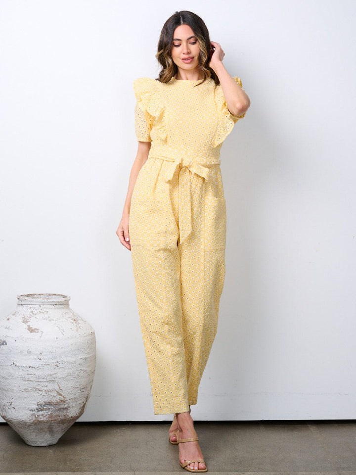 WOMEN'S SHORT PUFF SLEEVE POCKETS EYELET DETAILED WIDE LEG JUMPSUIT