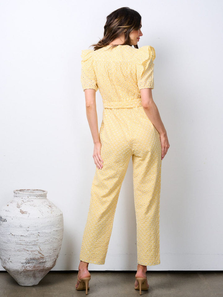 WOMEN'S SHORT PUFF SLEEVE POCKETS EYELET DETAILED WIDE LEG JUMPSUIT