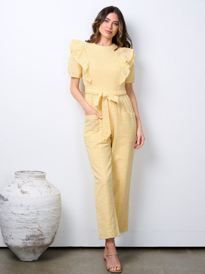WOMEN'S SHORT PUFF SLEEVE POCKETS EYELET DETAILED WIDE LEG JUMPSUIT
