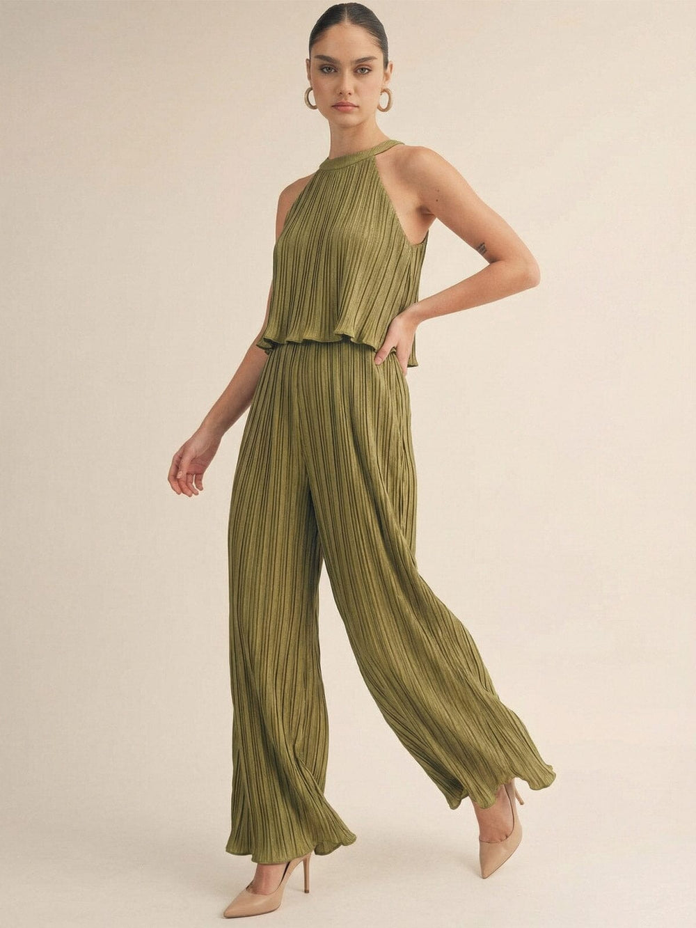 JUST ME WOMEN'S SLEEVELESS HALTER NECK POCKETS ELASTIC WAIST WIDE LEG JUMPSUIT